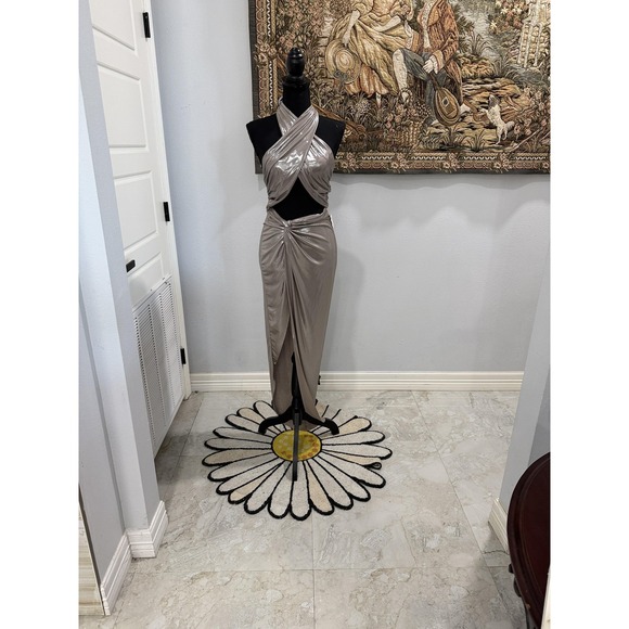 Edge by KS Dress Womens Small Mud Taupe‎ Metallic Cross Halter Maxi Gown D11791A - Picture 3 of 11